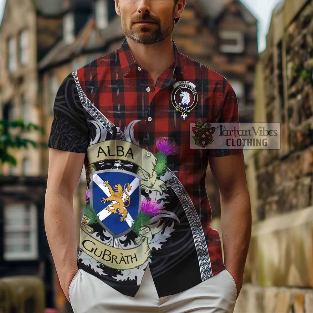 Tartan Vibes Clothing Ramsay Tartan Family Crest Short Sleeve Button Shirt Lion Rampant Royal Thistle Shield Celtic Inspired