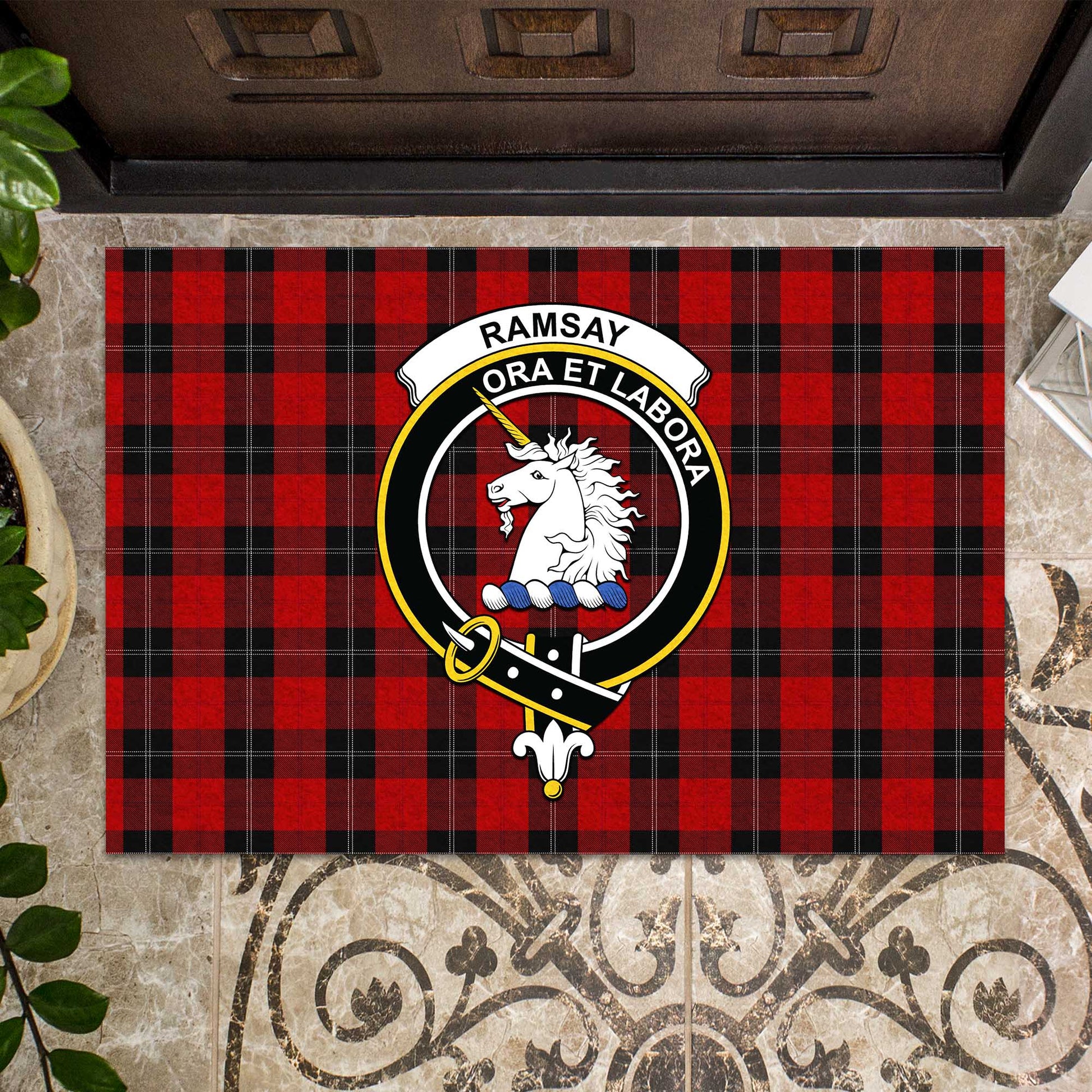 Ramsay Tartan Door Mat with Family Crest - Tartanvibesclothing