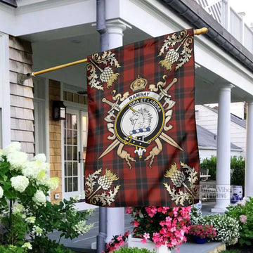 Ramsay Tartan Garden Flag with Family Crest and Golden Thistle Crossed Sword Design