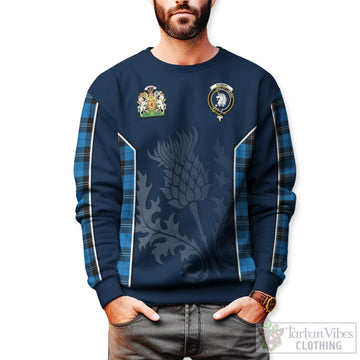Ramsay Blue Ancient Tartan Sweatshirt with Family Crest and Scottish Thistle Vibes Sport Style