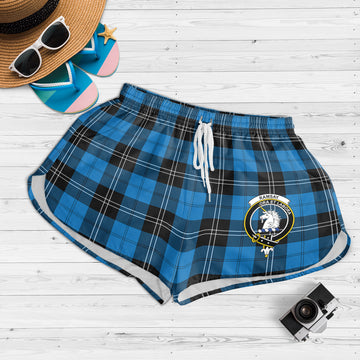 Ramsay Blue Ancient Tartan Womens Shorts with Family Crest