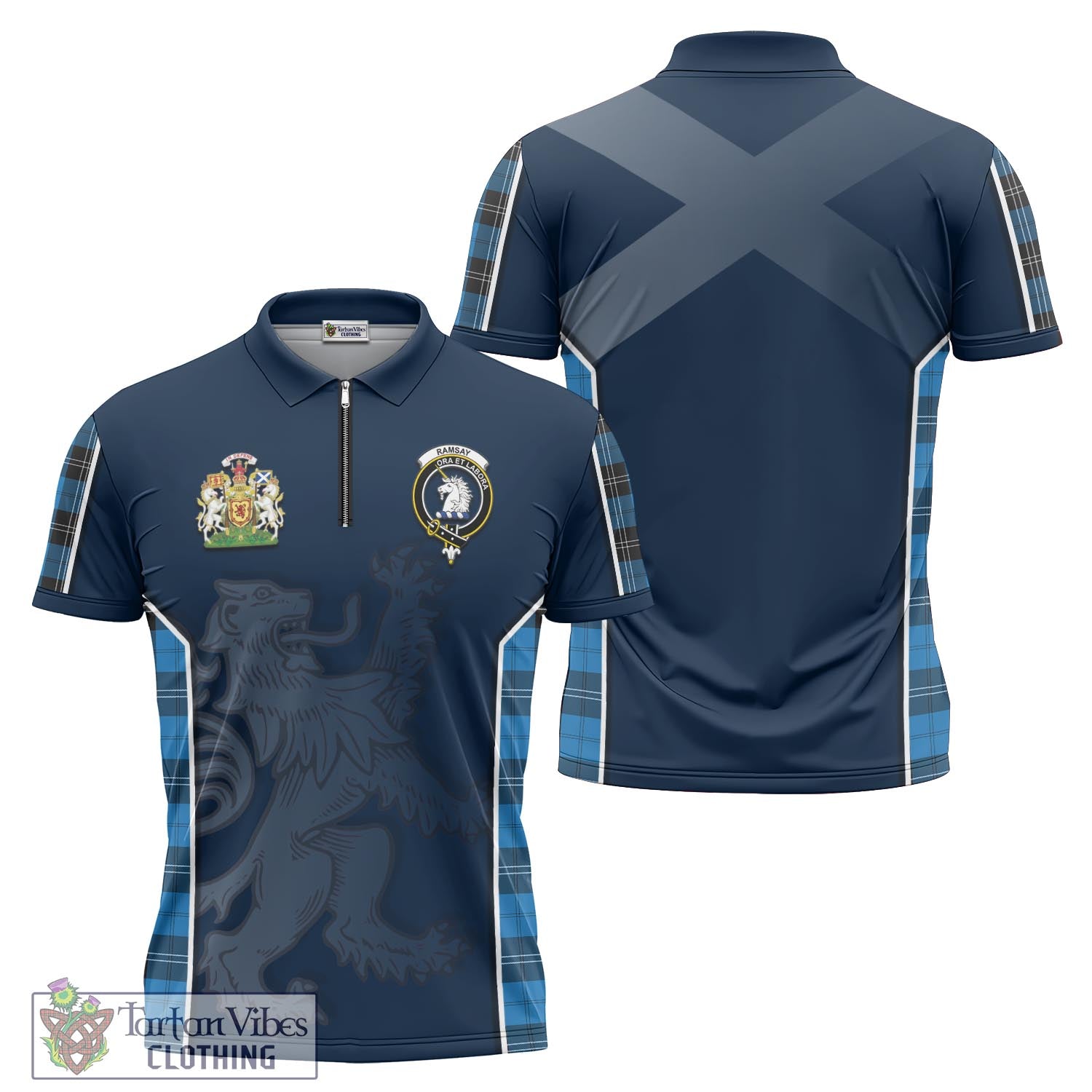 Tartan Vibes Clothing Ramsay Blue Ancient Tartan Zipper Polo Shirt with Family Crest and Lion Rampant Vibes Sport Style