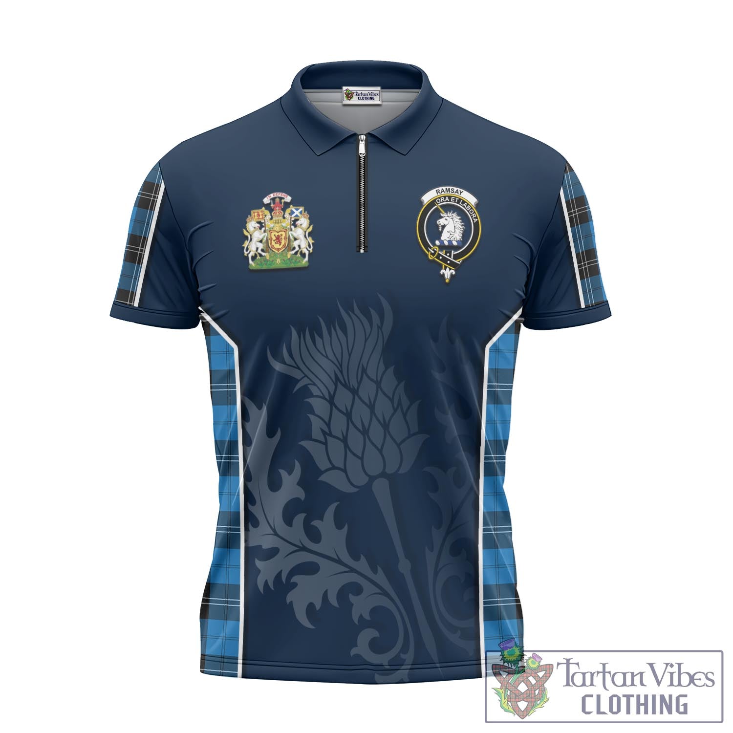 Tartan Vibes Clothing Ramsay Blue Ancient Tartan Zipper Polo Shirt with Family Crest and Scottish Thistle Vibes Sport Style