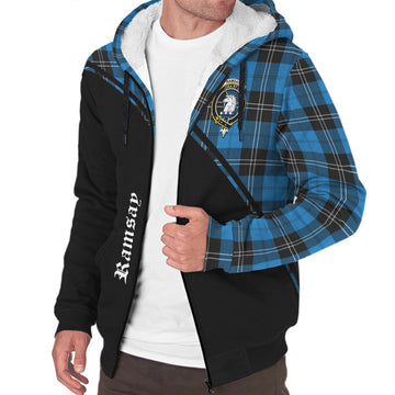 Ramsay Blue Ancient Tartan Sherpa Hoodie with Family Crest Curve Style
