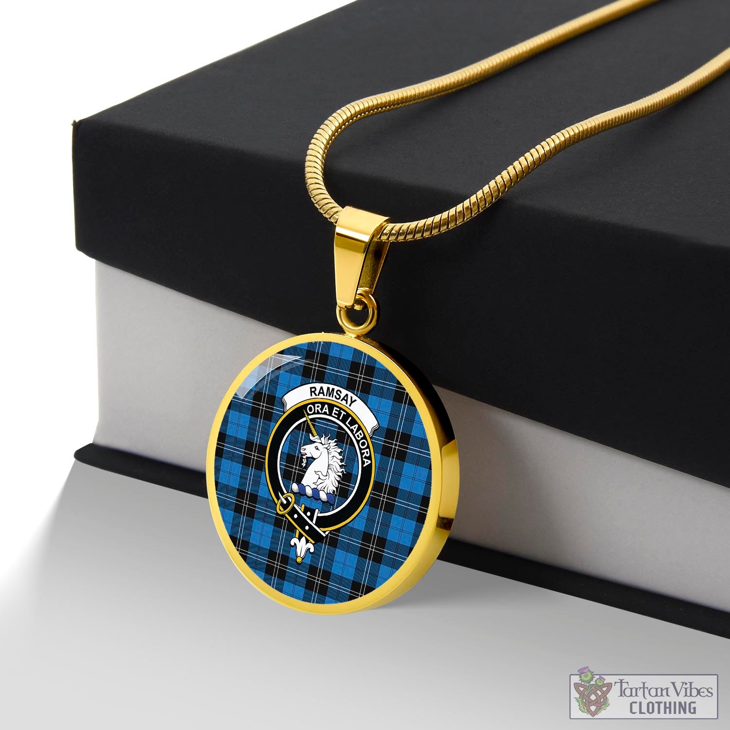 Tartan Vibes Clothing Ramsay Blue Ancient Tartan Circle Necklace with Family Crest