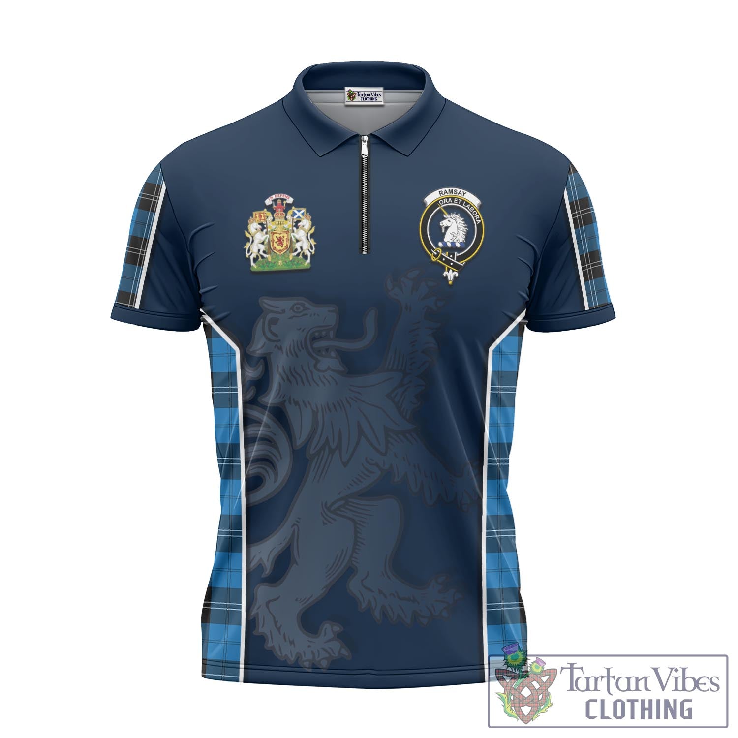 Tartan Vibes Clothing Ramsay Blue Ancient Tartan Zipper Polo Shirt with Family Crest and Lion Rampant Vibes Sport Style