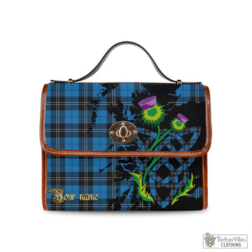 Ramsay Blue Ancient Tartan Waterproof Canvas Bag with Scotland Map and Thistle Celtic Accents
