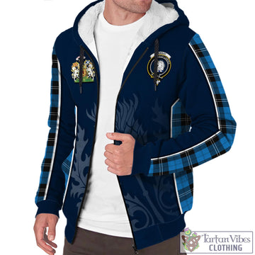 Ramsay Blue Ancient Tartan Sherpa Hoodie with Family Crest and Scottish Thistle Vibes Sport Style