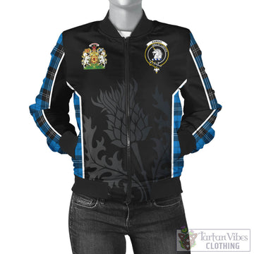 Ramsay Blue Ancient Tartan Bomber Jacket with Family Crest and Scottish Thistle Vibes Sport Style
