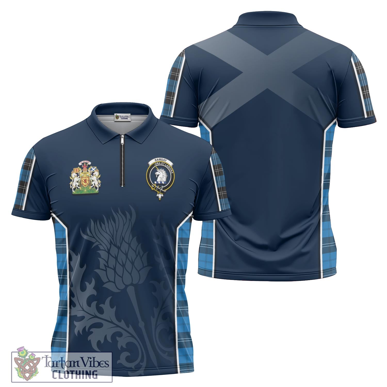 Tartan Vibes Clothing Ramsay Blue Ancient Tartan Zipper Polo Shirt with Family Crest and Scottish Thistle Vibes Sport Style
