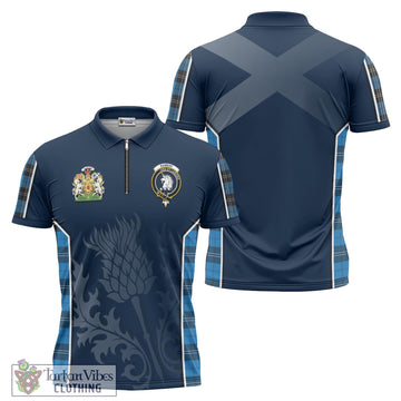 Ramsay Blue Ancient Tartan Zipper Polo Shirt with Family Crest and Scottish Thistle Vibes Sport Style
