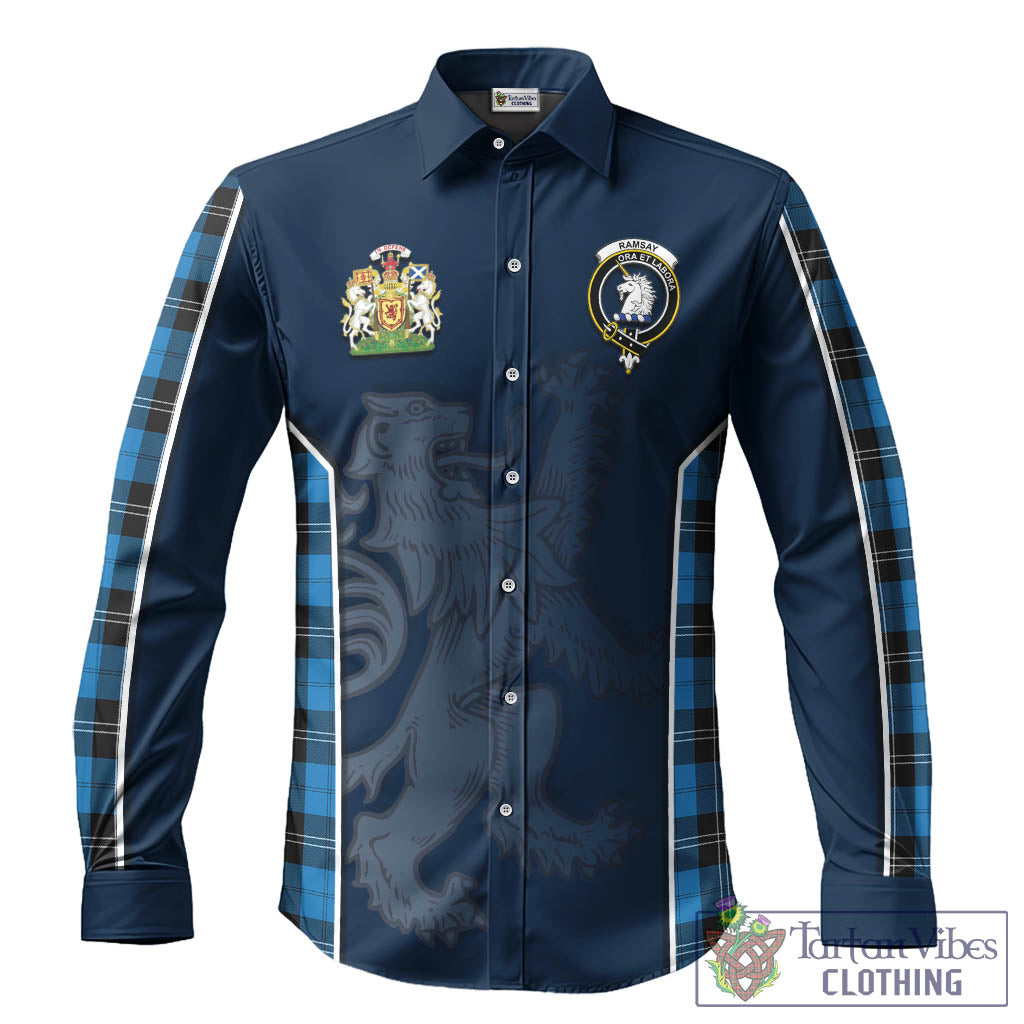 Ramsay Blue Ancient Tartan Long Sleeve Button Up Shirt with Family Crest and Lion Rampant Vibes Sport Style