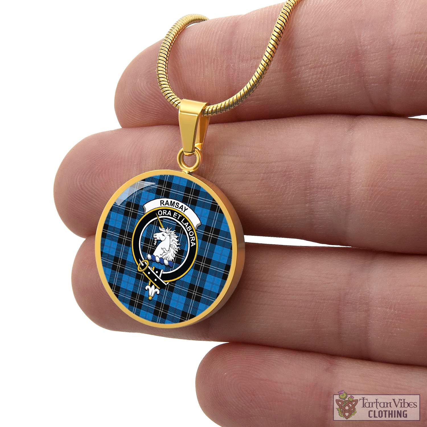 Tartan Vibes Clothing Ramsay Blue Ancient Tartan Circle Necklace with Family Crest