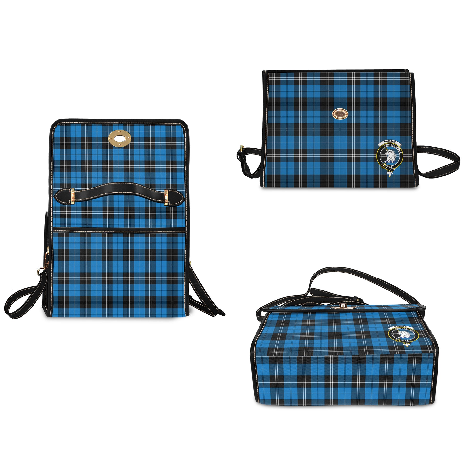 ramsay-blue-ancient-tartan-leather-strap-waterproof-canvas-bag-with-family-crest
