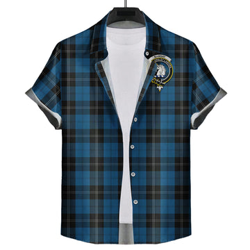Ramsay Blue Hunting Tartan Short Sleeve Button Down Shirt with Family Crest