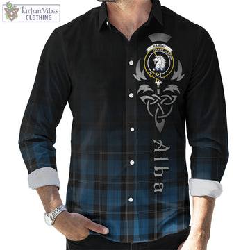Ramsay Blue Hunting Tartan Long Sleeve Button Up Featuring Alba Gu Brath Family Crest Celtic Inspired