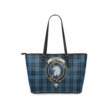 Ramsay Blue Hunting Tartan Leather Tote Bag with Family Crest