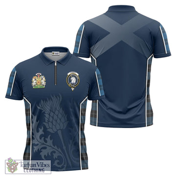 Ramsay Blue Hunting Tartan Zipper Polo Shirt with Family Crest and Scottish Thistle Vibes Sport Style
