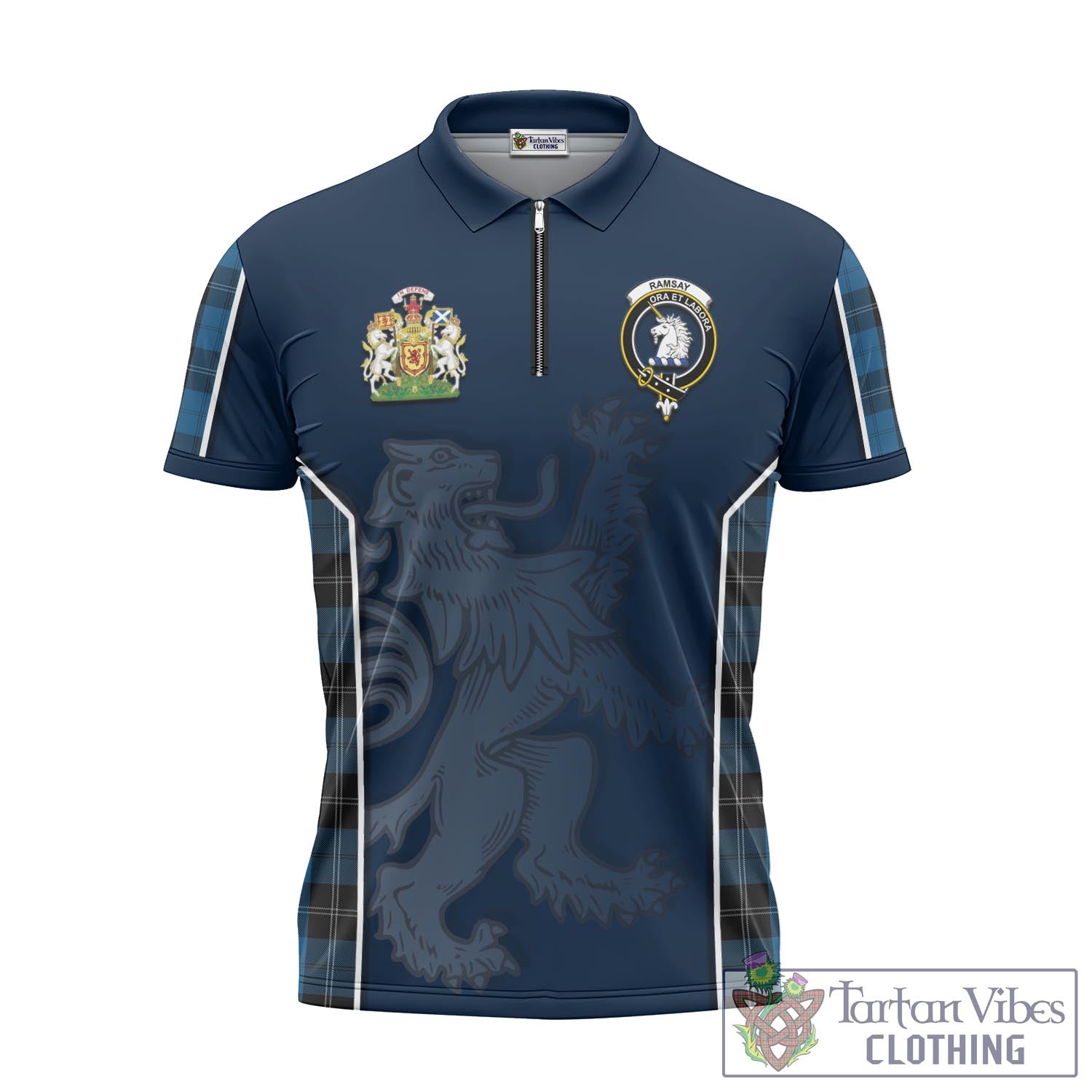 Tartan Vibes Clothing Ramsay Blue Hunting Tartan Zipper Polo Shirt with Family Crest and Lion Rampant Vibes Sport Style