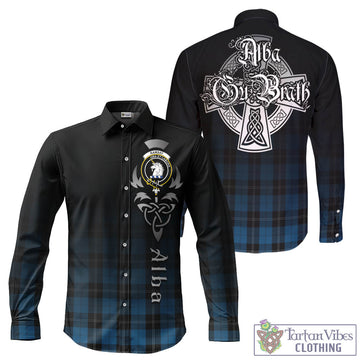 Ramsay Blue Hunting Tartan Long Sleeve Button Up Featuring Alba Gu Brath Family Crest Celtic Inspired