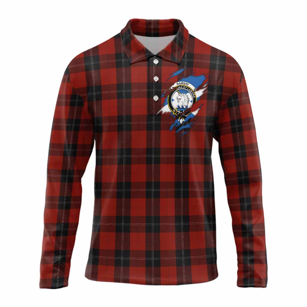 Ramsay Clan Crest In Me Tartan Long Sleeve Polo Shirt Scotland Flag Style
