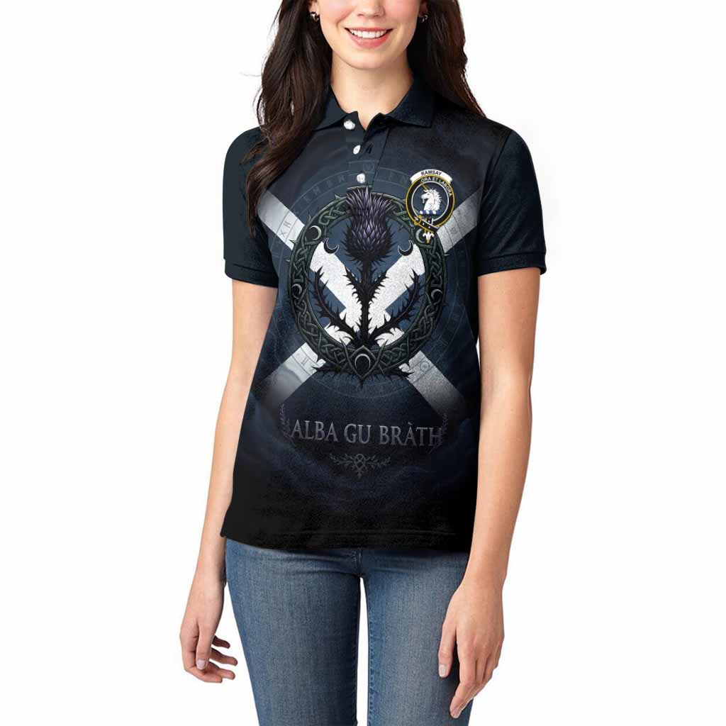 Ramsay Clan Crest Women Polo Shirt with Celtic Knot Thistle and Saltire