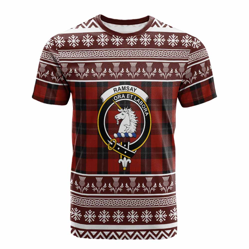 Ramsay Clan Tartan Christmas Cotton T-shirt with Family Crest - Tartan Vibes Clothing