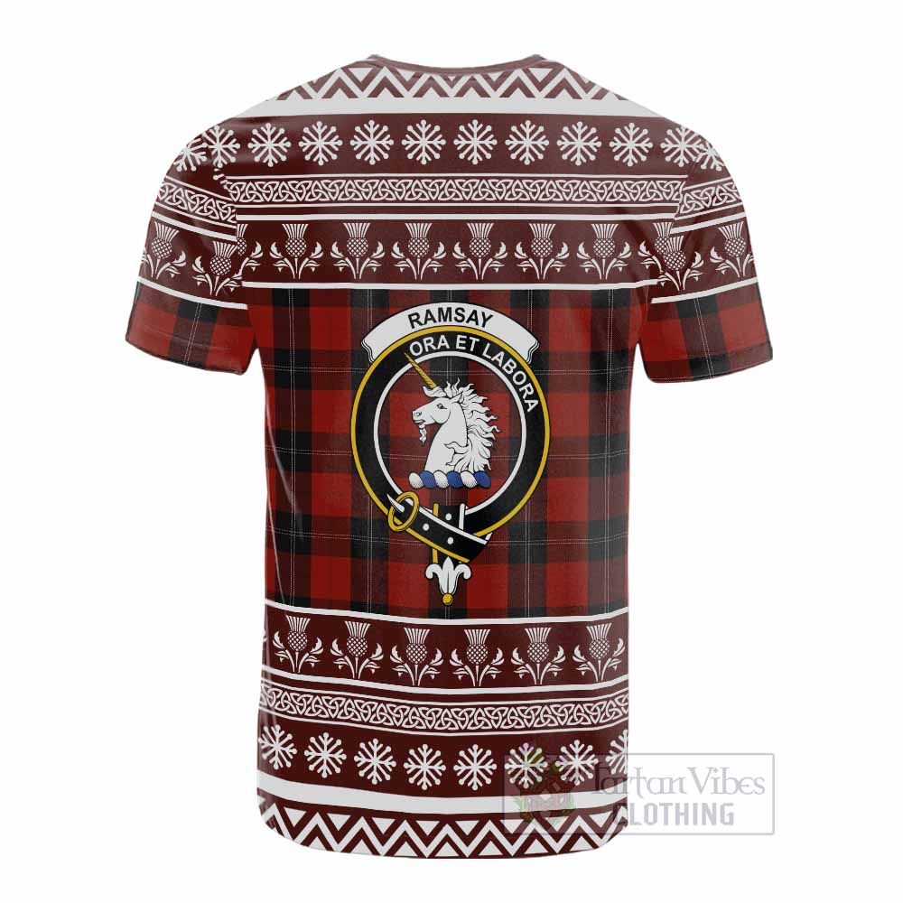 Ramsay Clan Tartan Christmas Cotton T-shirt with Family Crest - Tartan Vibes Clothing
