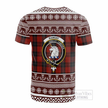 Ramsay Clan Tartan Christmas Cotton T-shirt with Family Crest