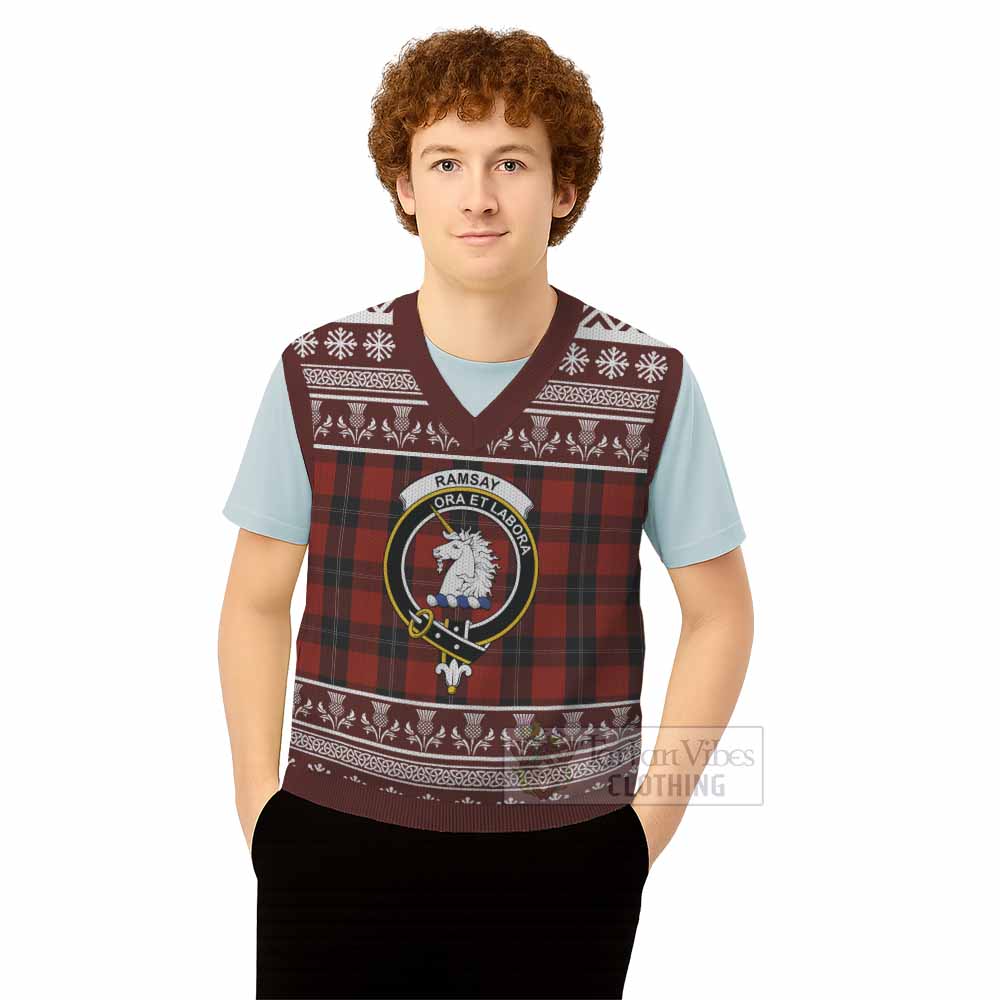 Ramsay Clan Tartan Christmas Knitted V-Neck Vest with Family Crest - Tartan Vibes Clothing