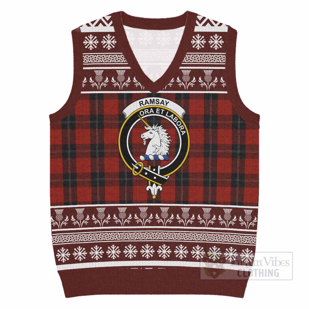 Ramsay Clan Tartan Christmas Knitted V-Neck Vest with Family Crest - Tartan Vibes Clothing