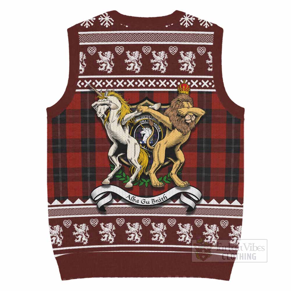 Ramsay Clan Tartan Crest Christmas Knitted V-Neck Vest Coat of Arms Funny Style - Tartan Vibes Clothing