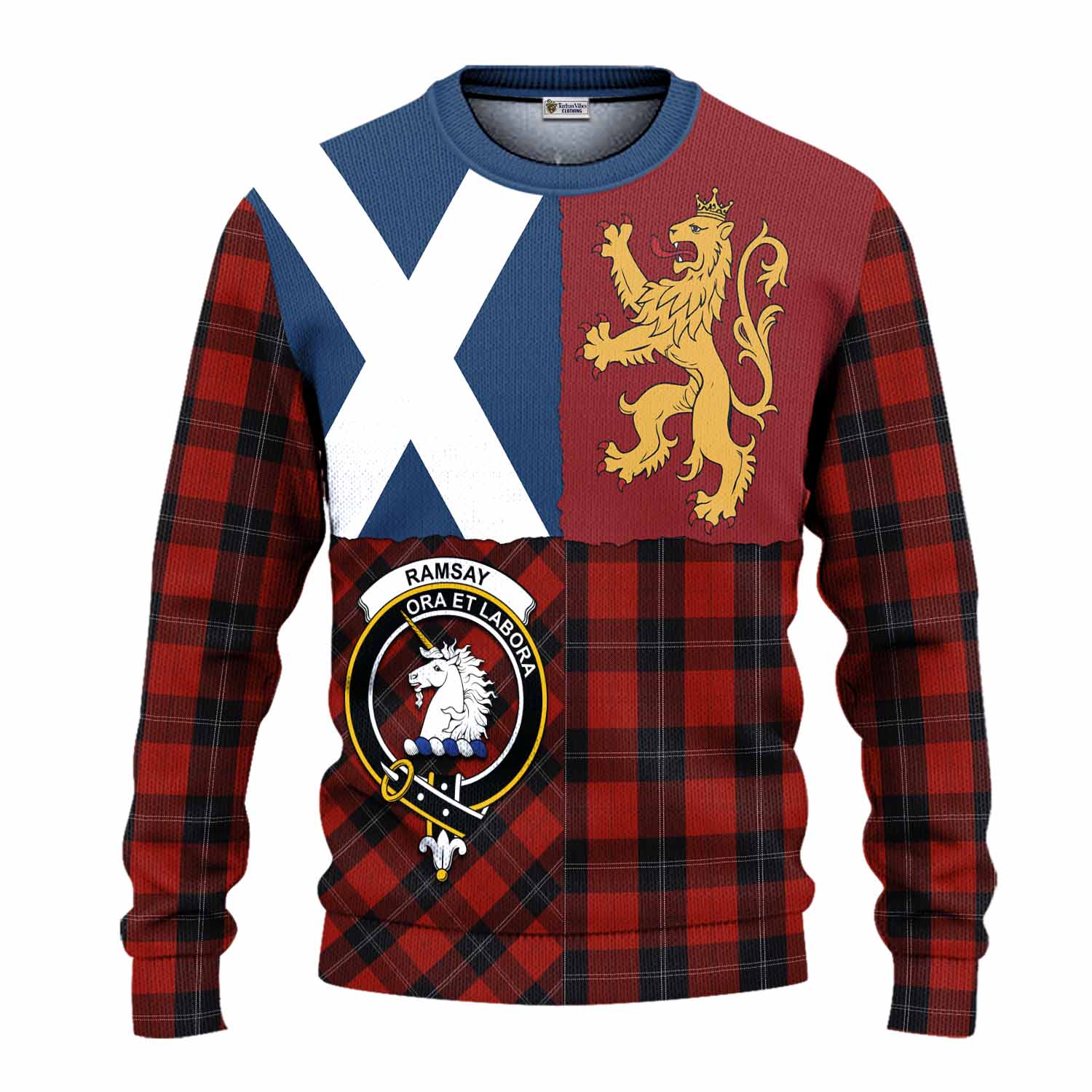 Ramsay Crest Tartan Knitted Sweater with Lion Rampant Saltire Style