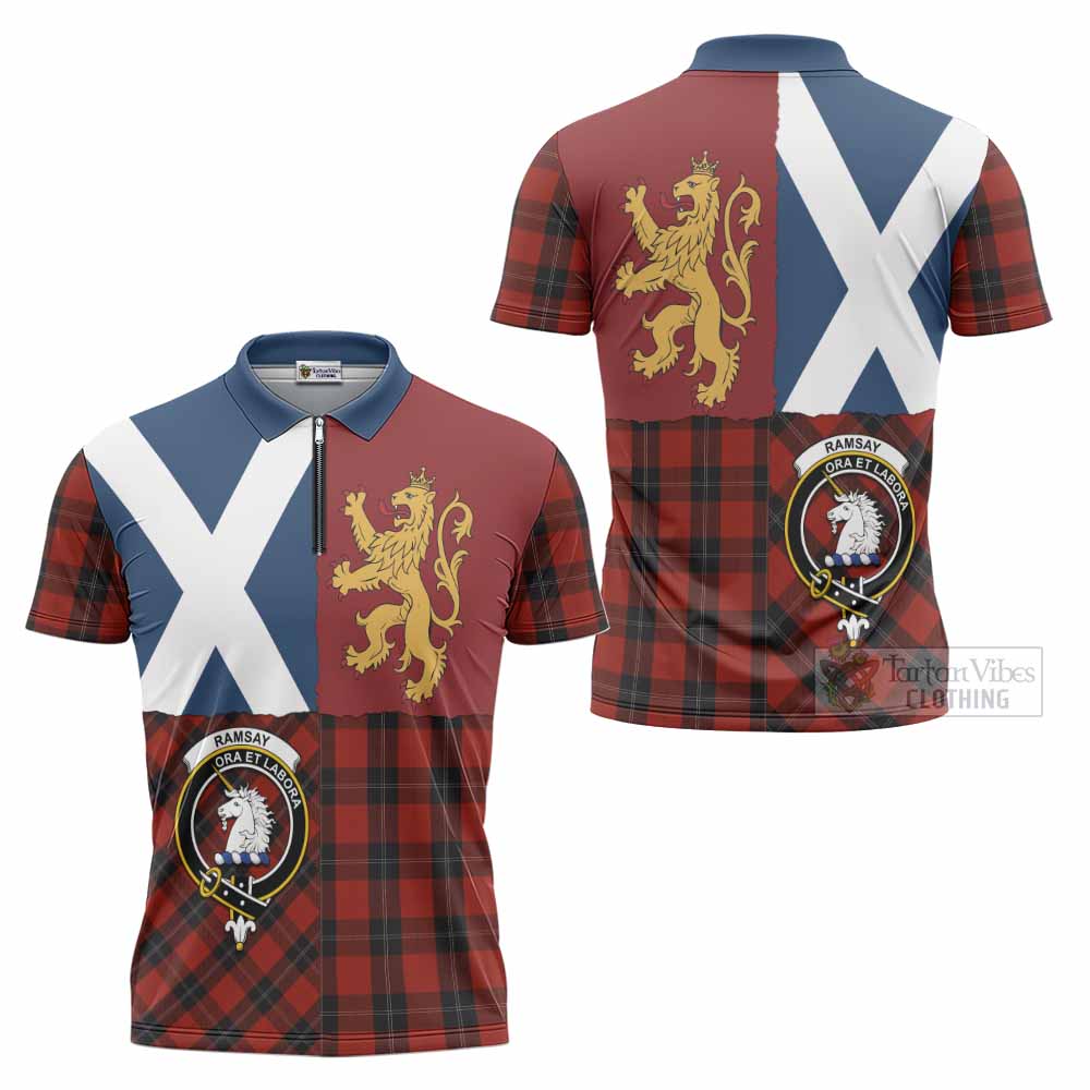 Ramsay Crest Tartan Zipper Polo Shirt with Lion Rampant Saltire Style