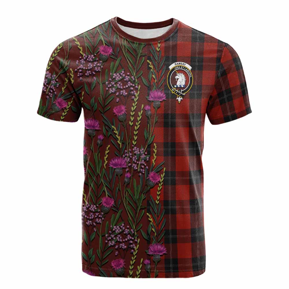 Ramsay Family Crest Tartan Cotton T-shirt Scottish Thistle Flower Pattern Half Style - Tartan Vibes Clothing
