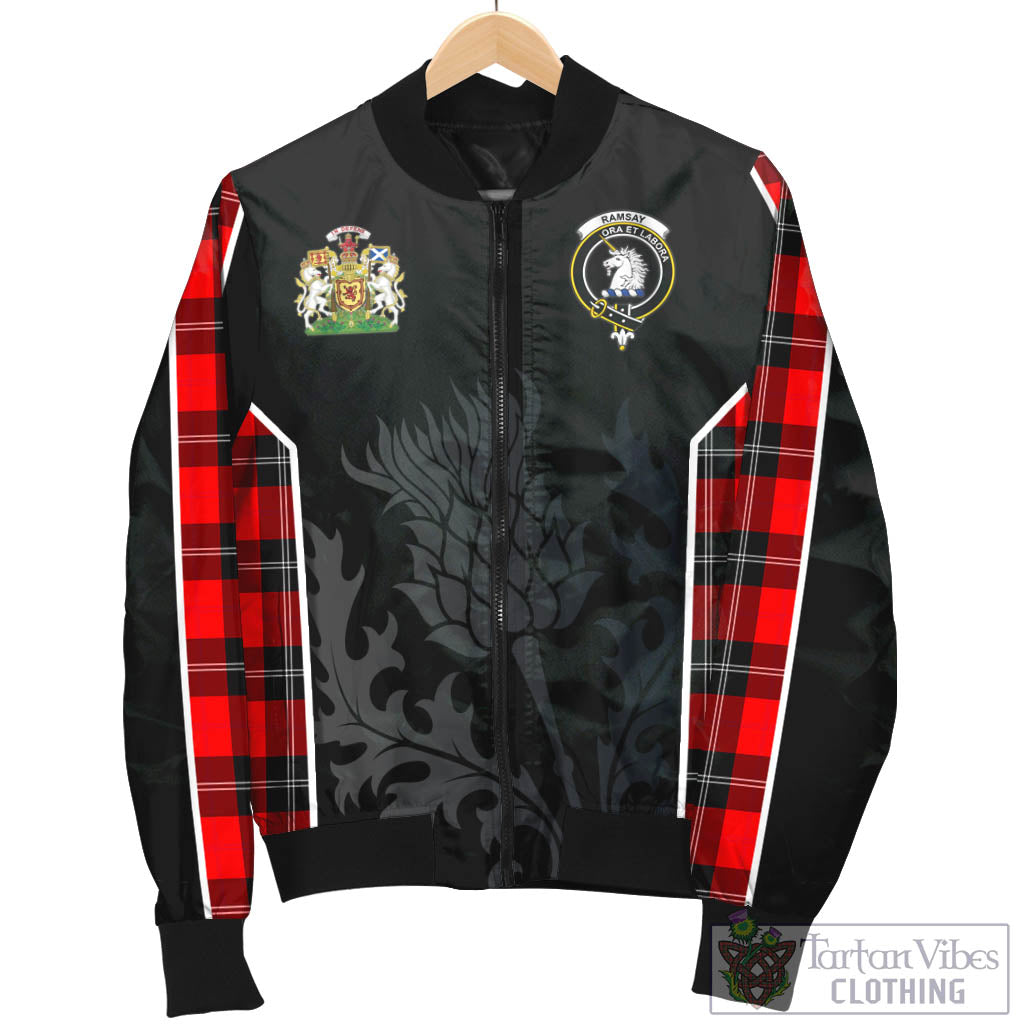 Tartan Vibes Clothing Ramsay Modern Tartan Bomber Jacket with Family Crest and Scottish Thistle Vibes Sport Style