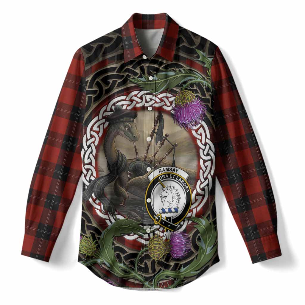 Ramsay Tartan Crest Bagpipe Nessie Women Casual Shirt Scottish Loch Ness Monster Celtic Thistle