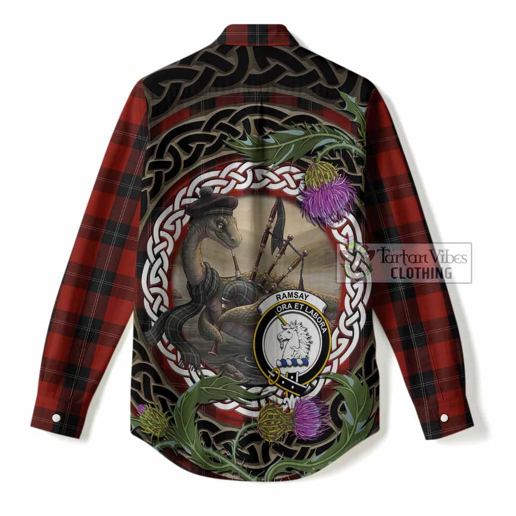 Ramsay Tartan Crest Bagpipe Nessie Women Casual Shirt Scottish Loch Ness Monster Celtic Thistle