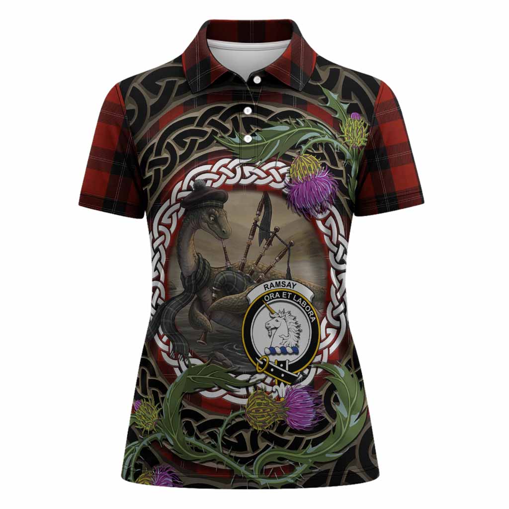 Ramsay Tartan Crest Bagpipe Nessie Women Polo Shirt Scottish Loch Ness Monster Celtic Thistle