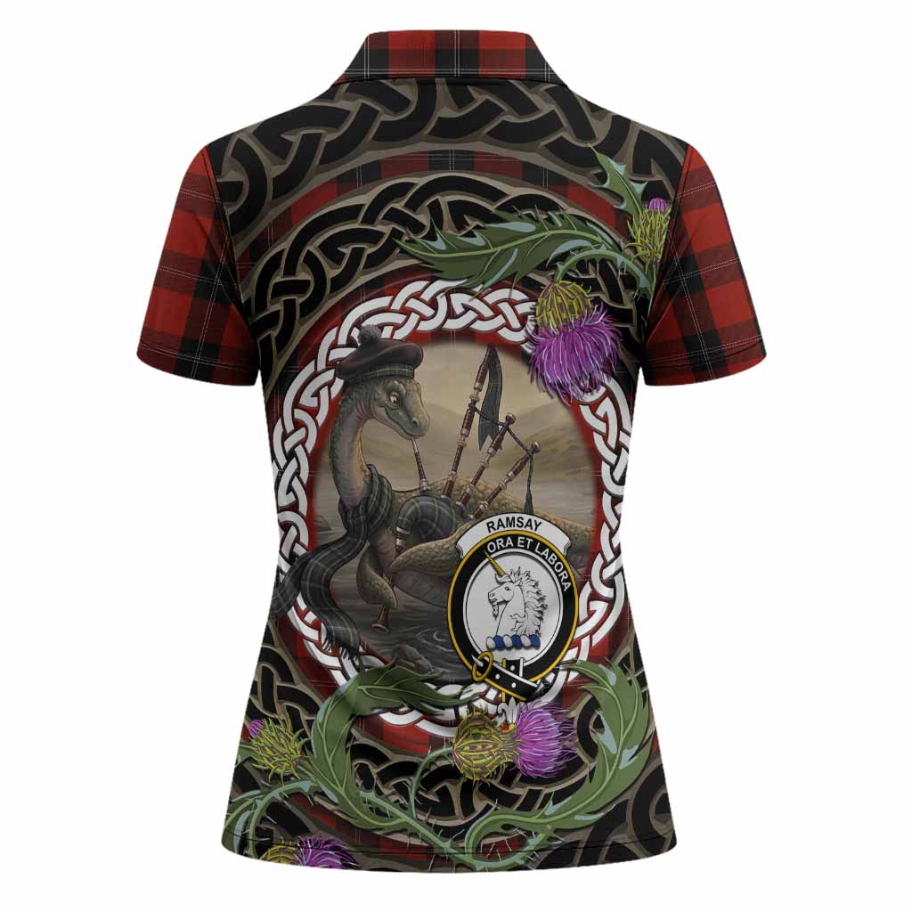 Ramsay Tartan Crest Bagpipe Nessie Women Polo Shirt Scottish Loch Ness Monster Celtic Thistle