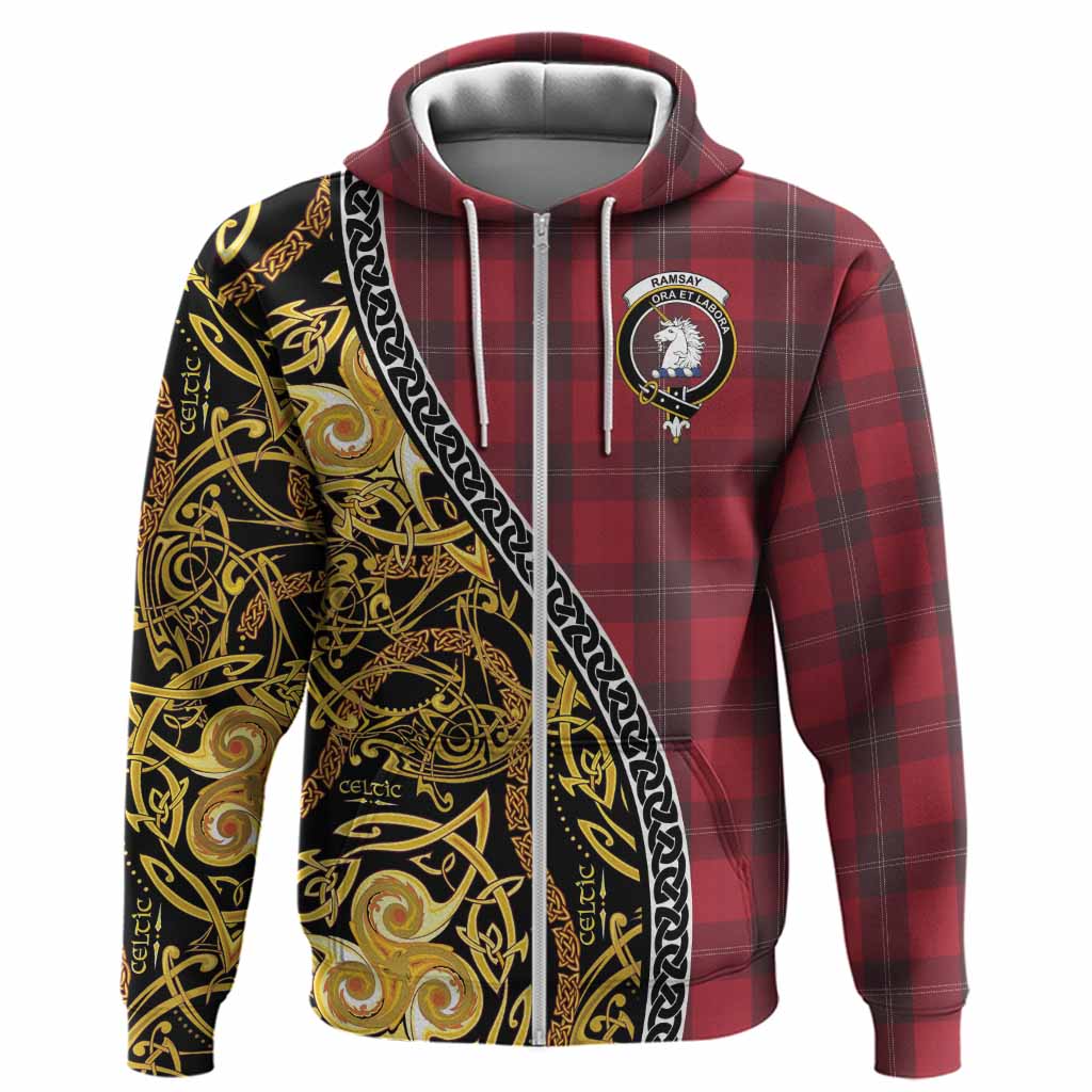 Ramsay Tartan Crest Hoodie Celtic Knot and Triple Trickle Spiral Symbols