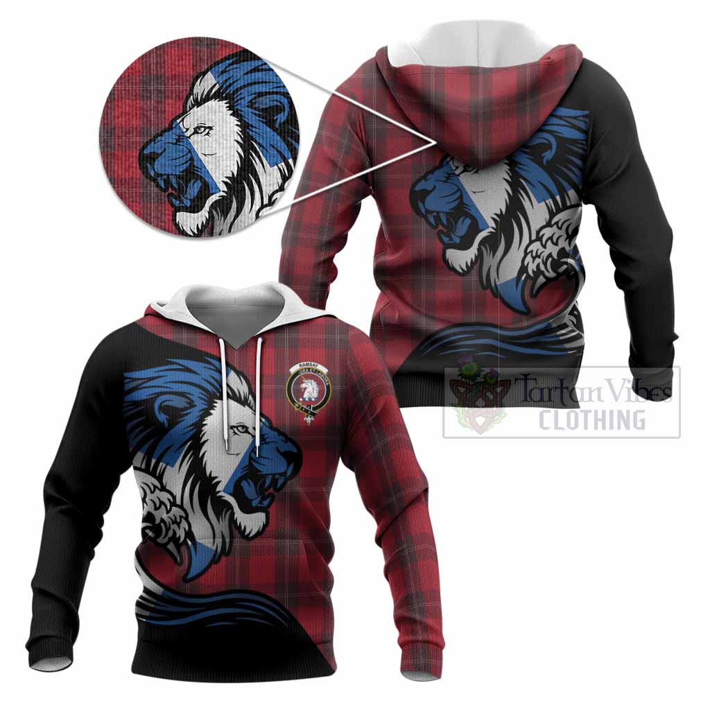 Ramsay Tartan Crest Knitted Hoodie Scottish Golden Lions Wave Flow
