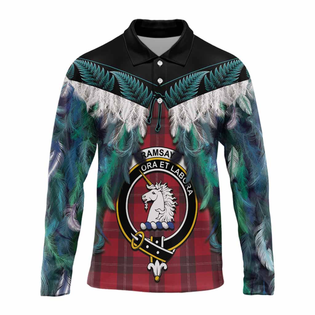 Ramsay Tartan Crest Long Sleeve Polo Shirt New Zealand Maori Korowai Cloak