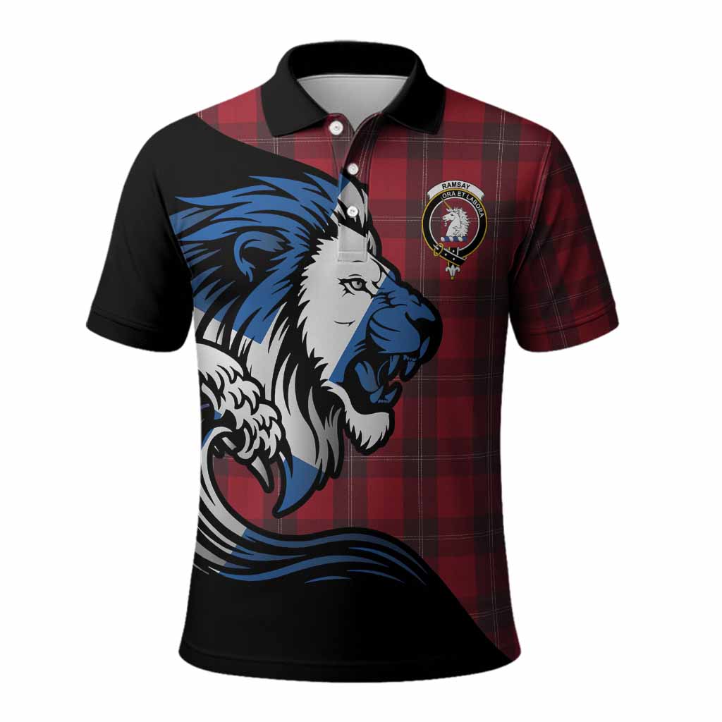 Ramsay Tartan Crest Polo Shirt Scottish Golden Lions Wave Flow
