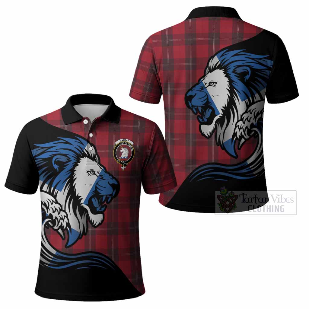 Ramsay Tartan Crest Polo Shirt Scottish Golden Lions Wave Flow