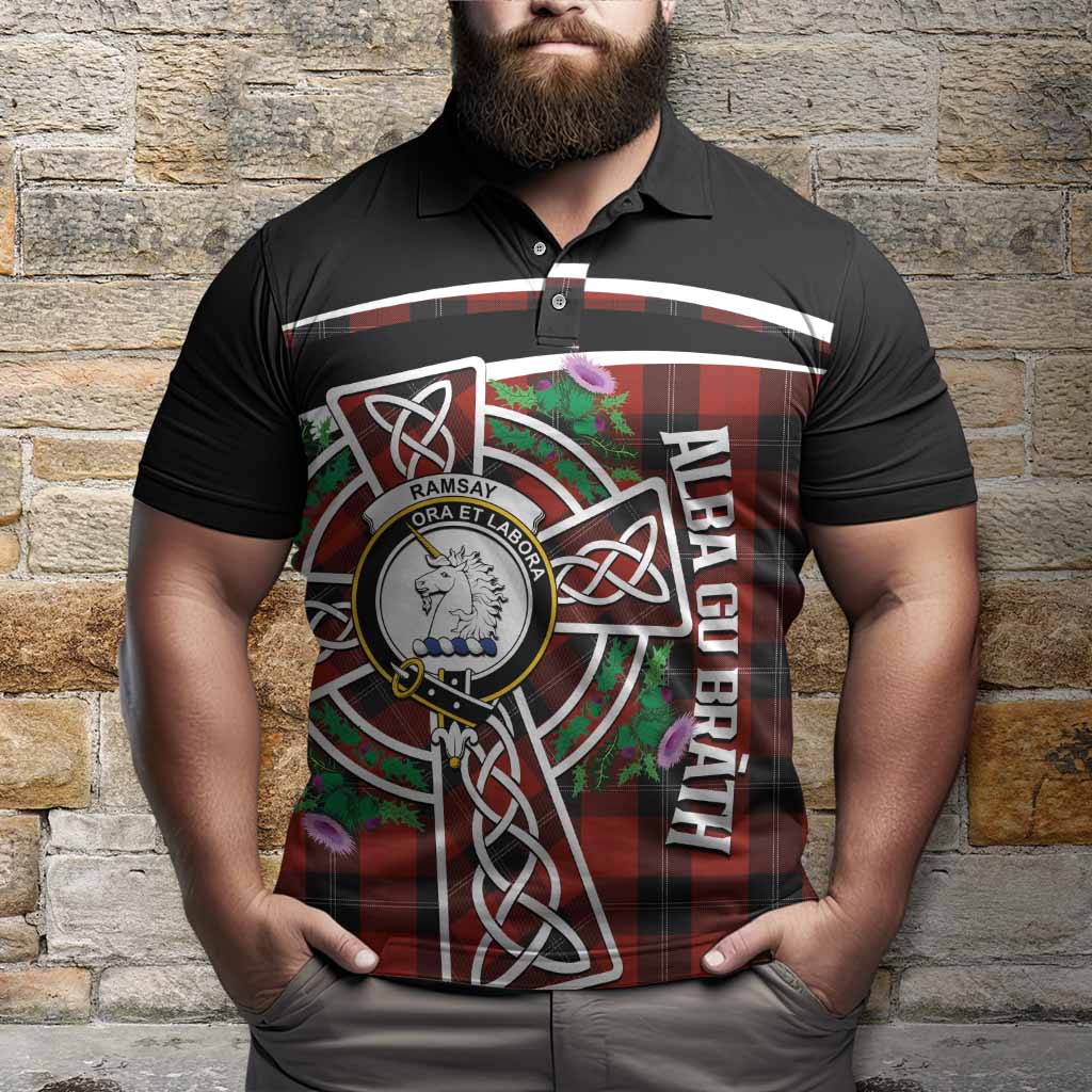 Ramsay Tartan Crest Polo Shirt Scottish Thistle Celtic Cross Alba Gu Brath