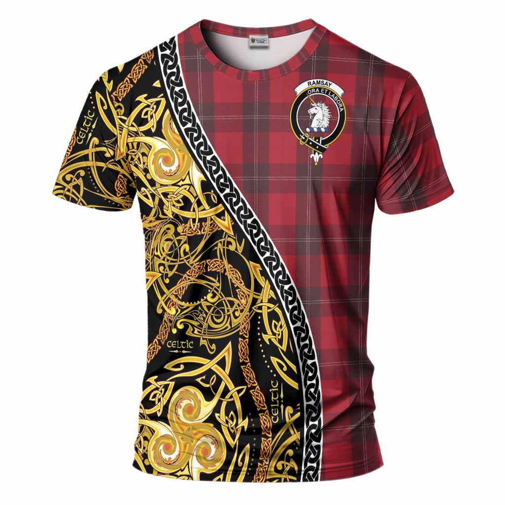 Ramsay Tartan Crest T-Shirt Celtic Knot and Triple Trickle Spiral Symbols