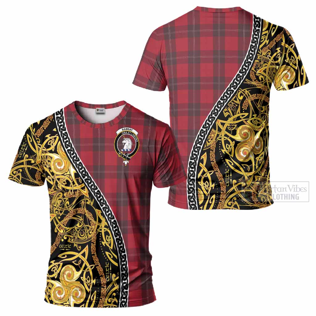 Ramsay Tartan Crest T-Shirt Celtic Knot and Triple Trickle Spiral Symbols