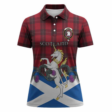 Ramsay Tartan Crest Women Polo Shirt Scottish Unicorn With Thistle