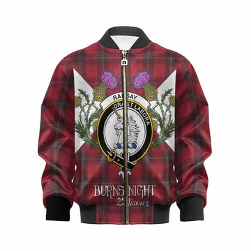 Ramsay Tartan Family Crest Kid Bomber Jacket Scottish Burns Night Thistle Floral